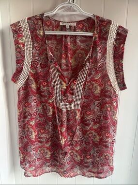 Daniel Rainn Red Paisley Sleeveless Blouse with Crochet Trim